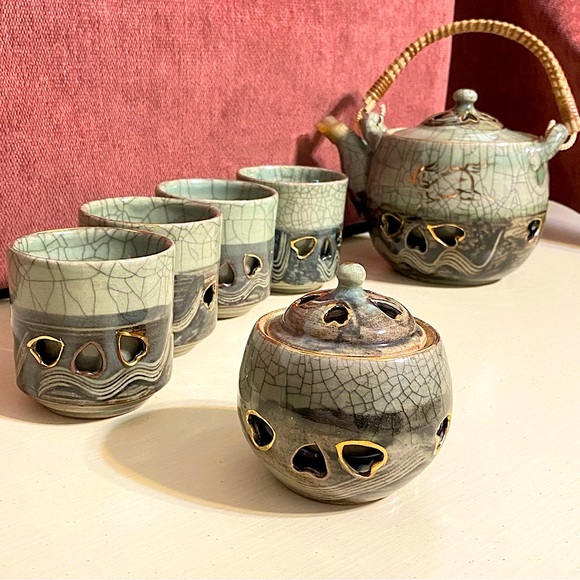 1940βs 6-Piece Japanese Somayaki Double-Wall Tea Set - Picture 2 of 15